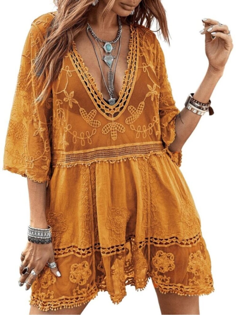 🆕Women's Brown Rayon V-Neck Coverup Sheer Mesh Lace Bathing Suit Swimsuit